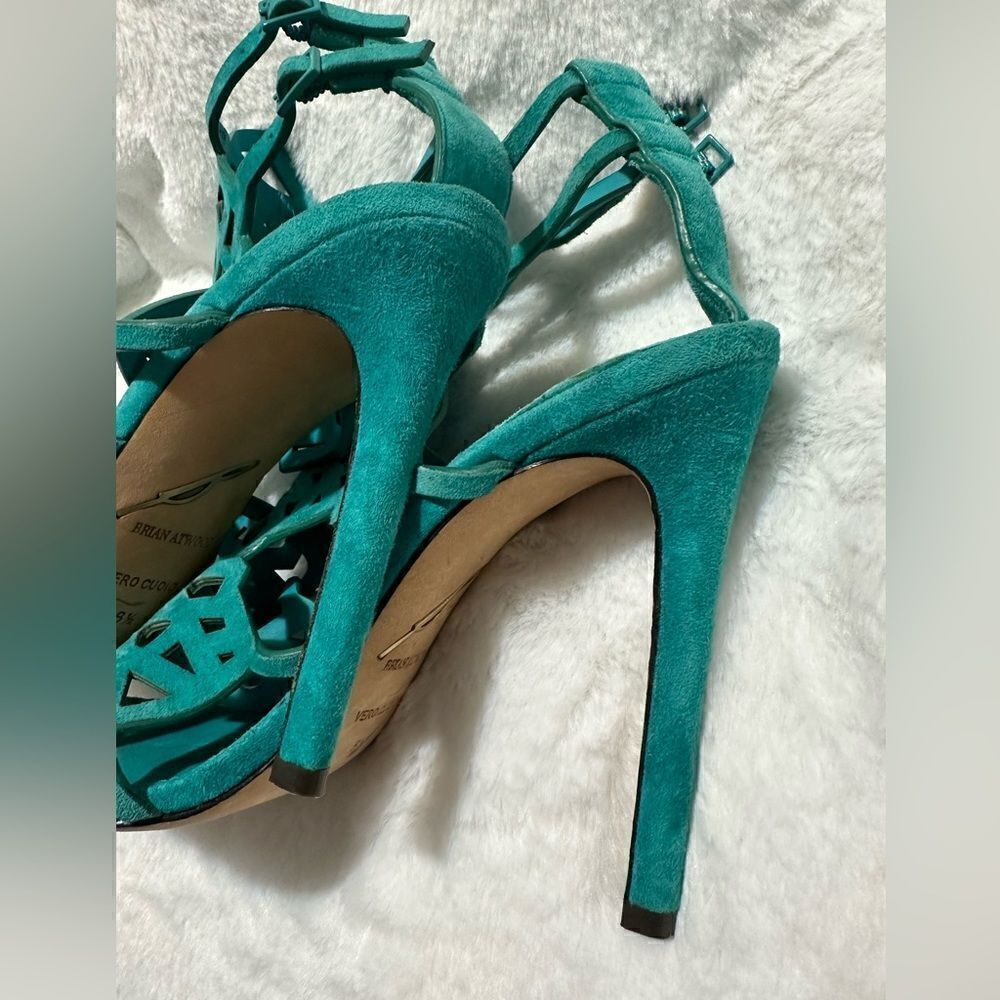 Brian Atwood Turquoise Laser-Cut Suede Stiletto Heels – Pure Elegance & Luxury - Picture 12 of 17